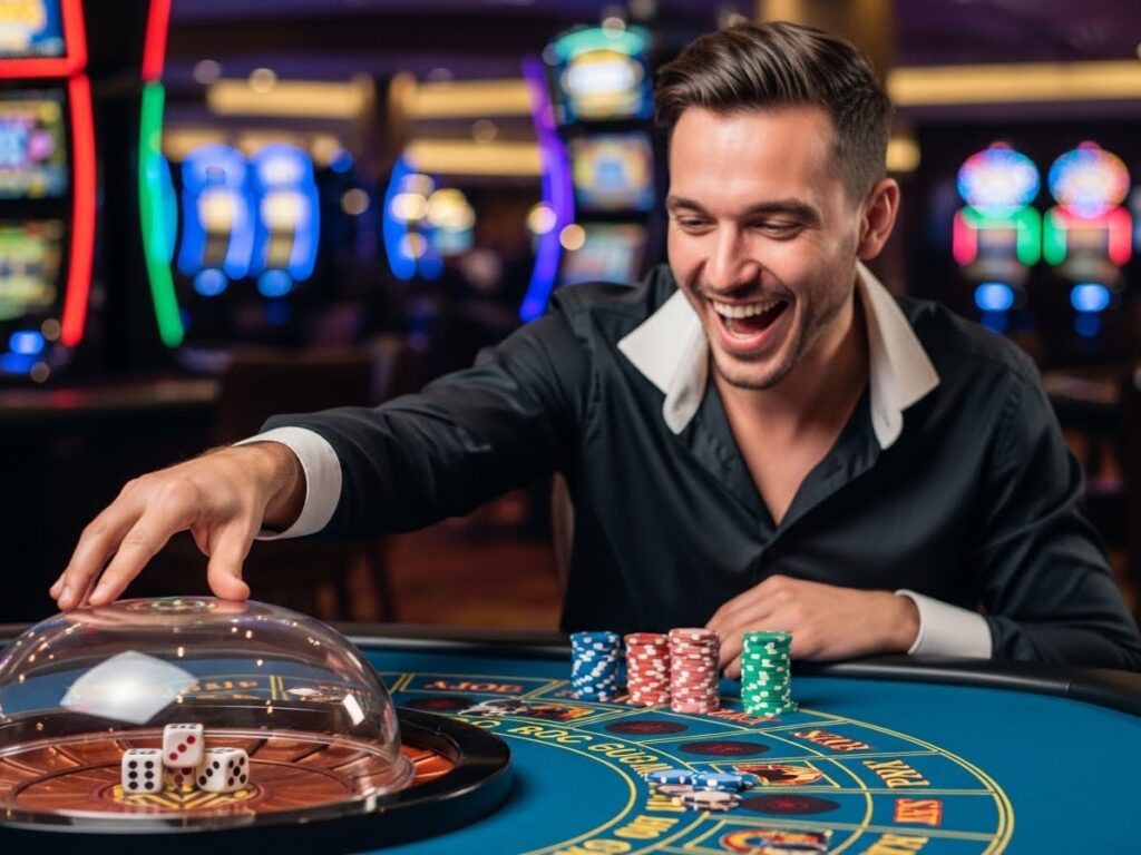 Happy adult person smiling while playing casino sic bo at a gaming table with dice, manila plays