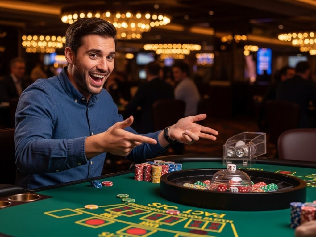 Excited adult enjoying a casino sic bo game with colorful lighting and dice display, manila plays