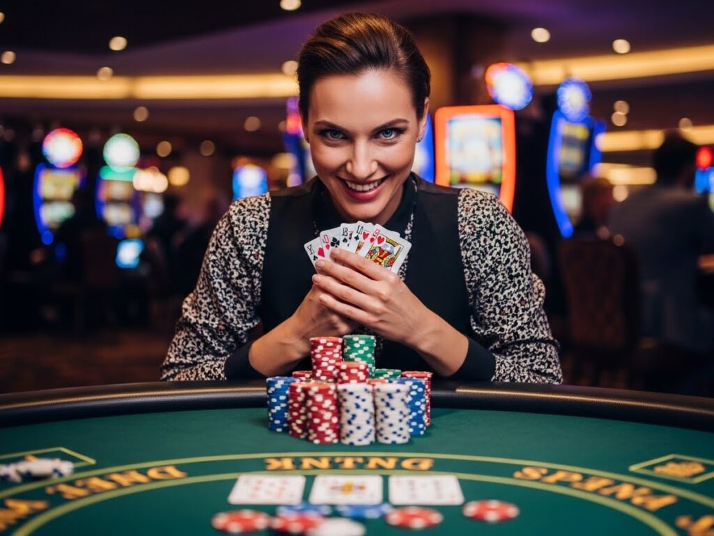Happy adult person smiling while playing casino poker at a gaming table, Extreme Gaming Casino concept