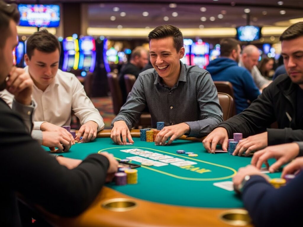 Smiling adult player holding poker cards at a casino table with bright lights, Extreme Gaming Casino