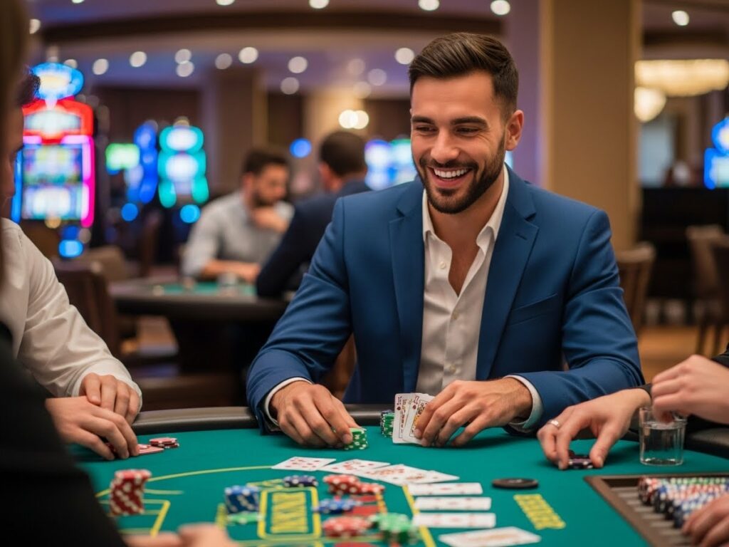 Confident happy adult seated at a poker table in a luxury casino setting, Extreme Gaming Casino visual