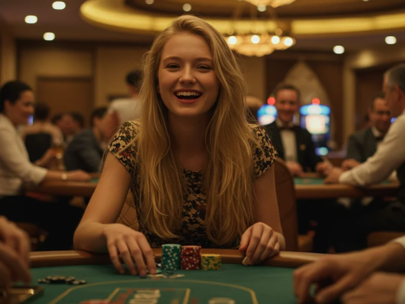 Happy woman holding poker chips while smiling at Milyon88 casino table