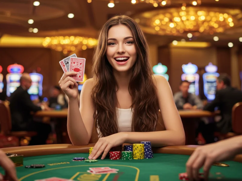 Happy woman playing poker at Milyon88, celebrating a winning hand