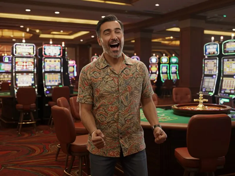 Man raising hands after winning roulette at 555bmw slot casino