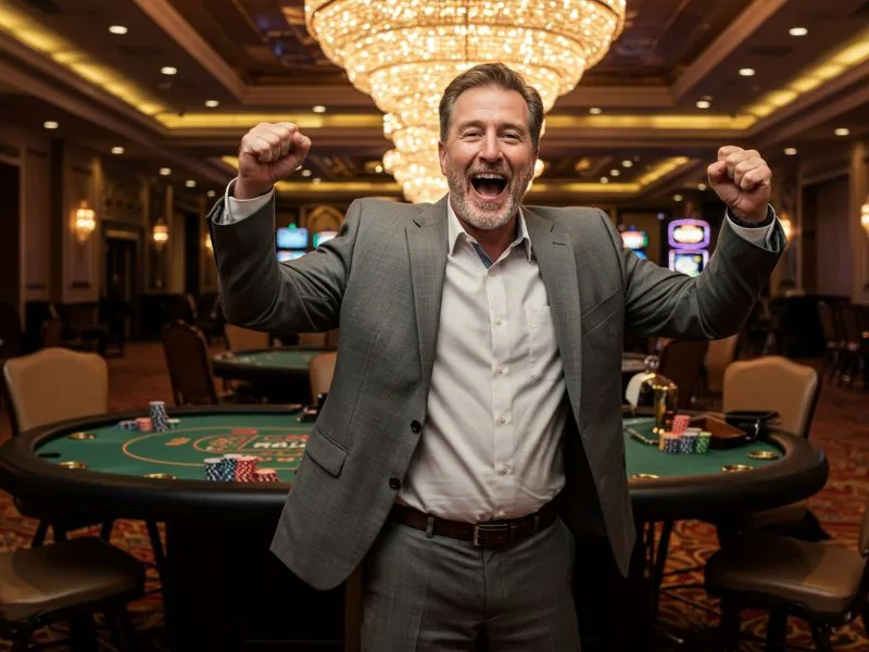  Excited man celebrating a poker win at 555bmw slot casino