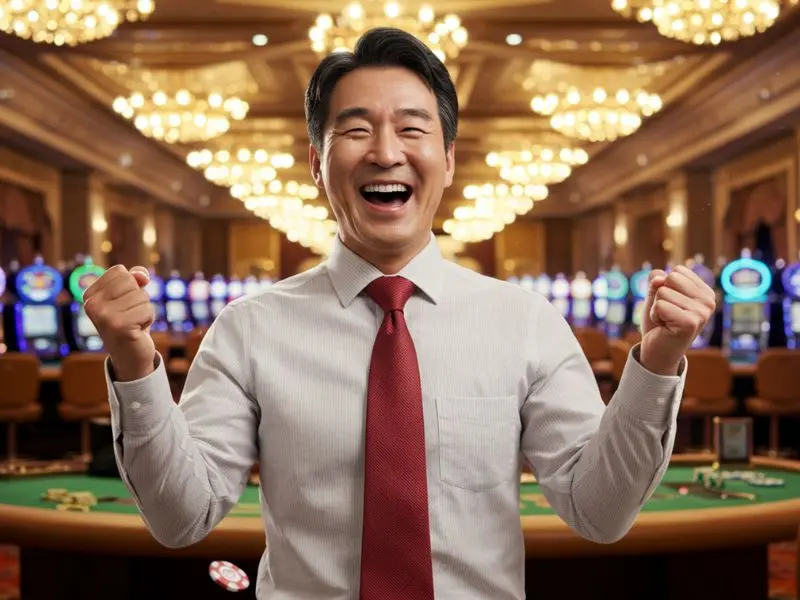 Happy man enjoying a big win at 555bmw slot casino