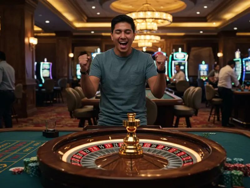 Happy man cheering after winning in online roulette while engaging in cockfighting sabong