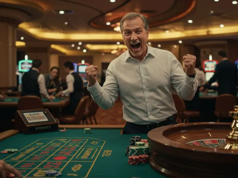 Man celebrating an online roulette win, complementing his love for cockfighting sabong