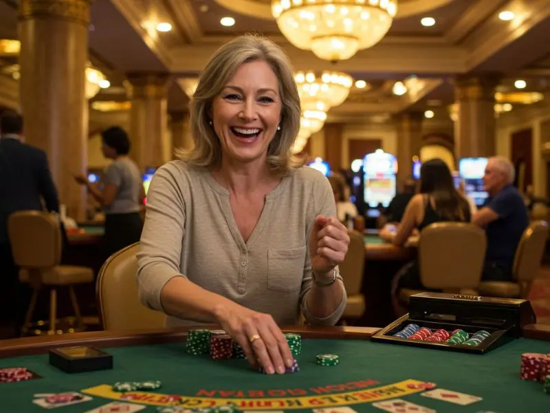 Filipino woman smiling as she bets and wins in poker, inspired by cockfighting sabong energy