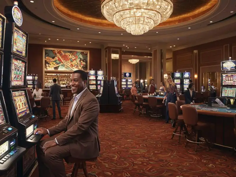 Free 100 Casino: Happy man spinning online slot reels with excitement