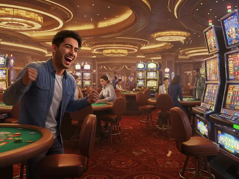 Free 100 Casino: Excited man celebrating a big online casino win