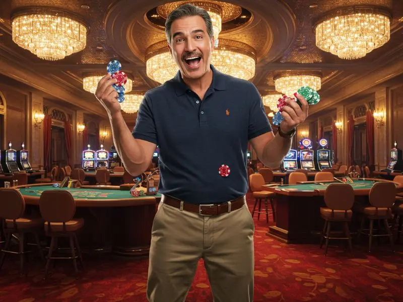 Smiling man holding a poker chip after claiming free 100 no deposit bonus