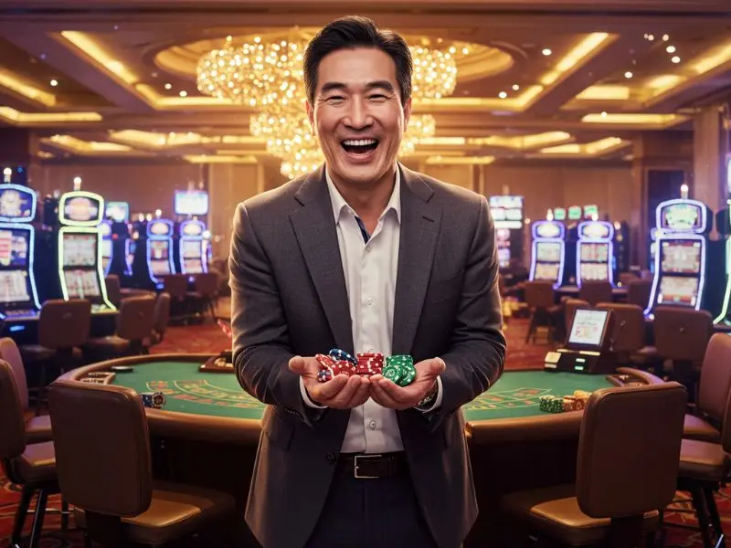 Excited man holding a stack of chips from a free 100 no deposit bonus