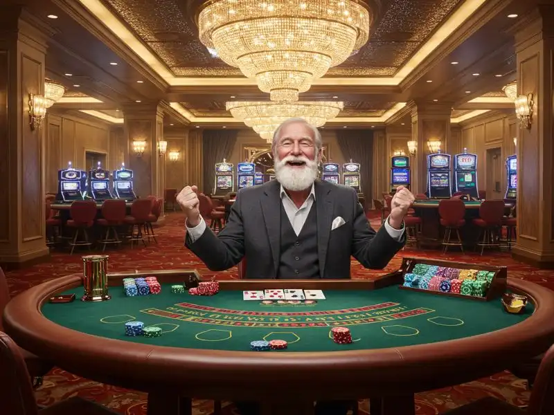 Joyful man celebrating a poker win after claiming free 100 no deposit