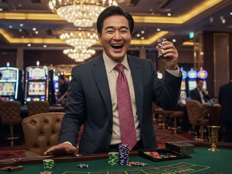 Happy man playing online poker on his Mobile Casino Games in a casino app