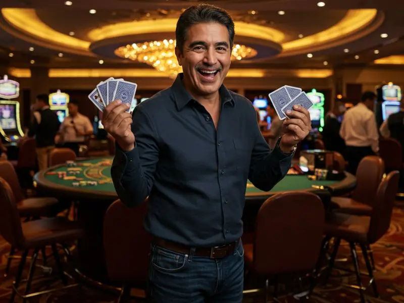 Man holding a playing card while playing Mobile Casino Games