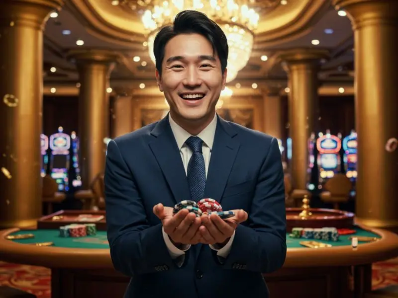 Filipino man confidently holding poker chips during NBA betting in the Philippines