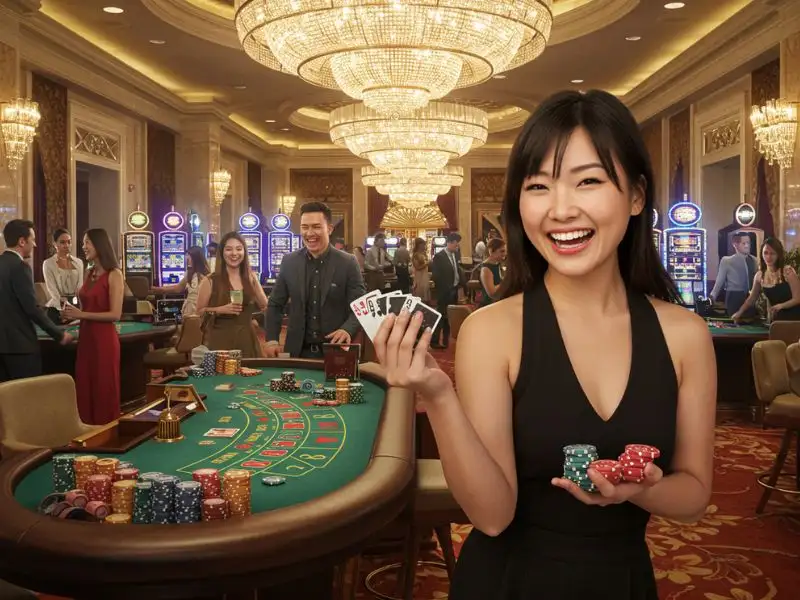 Smiling woman holding poker chips and playing cards during NBA betting in the Philippines