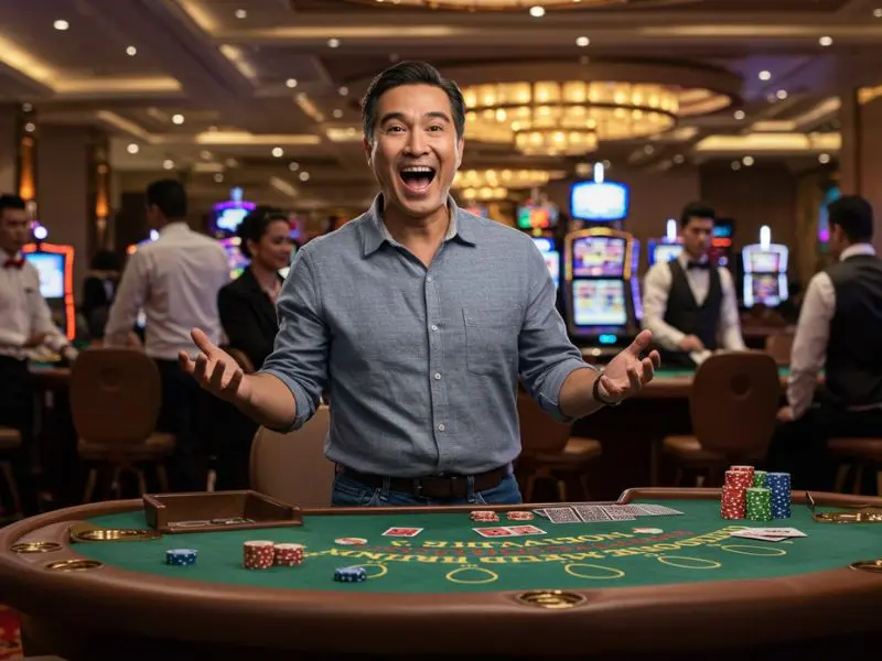 Happy man placing poker and NBA online betting