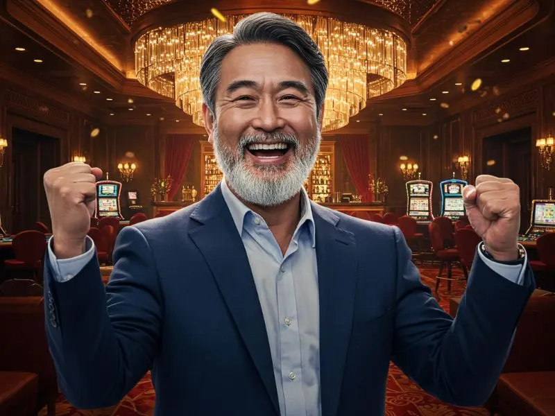 Happy man winning big on an online slot while betting on NBA games