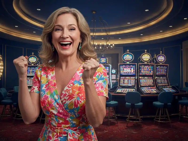 Excited woman celebrating slot machine win during NBA online betting session