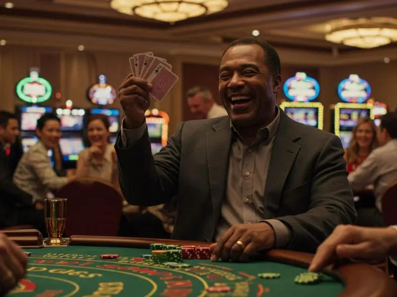 Smiling man showing poker cards after placing a winning bet on an online sabong site