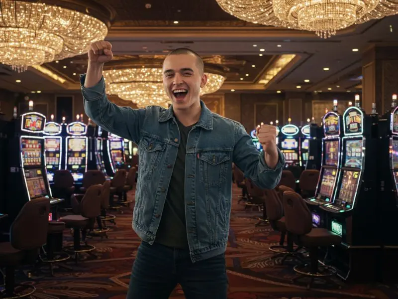 Happy man celebrating a slot win on an online sabong site