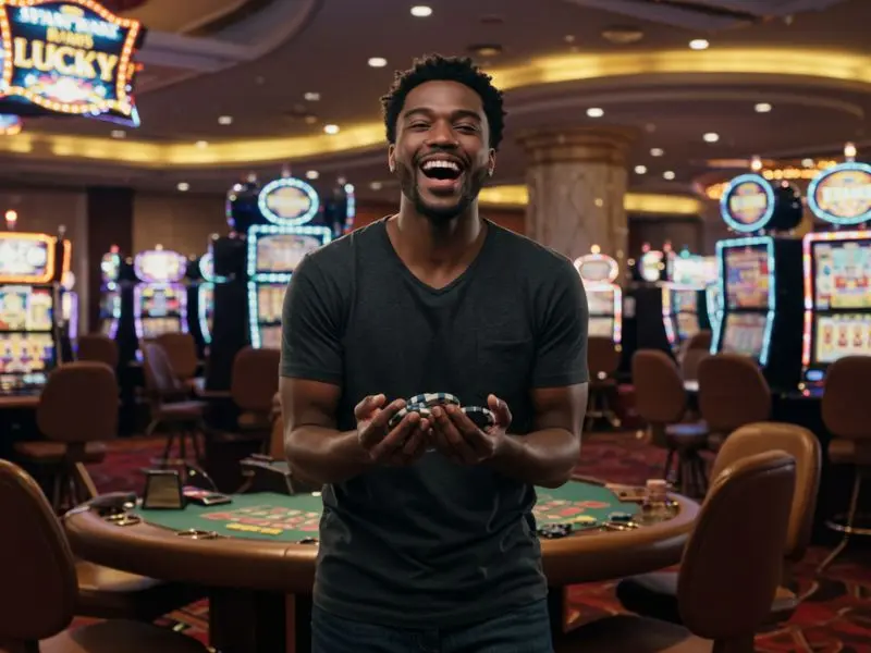 Man holding casino chips after benefiting from a scatter free bonus