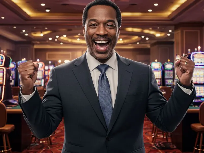 Excited man winning in an online slot game thanks to a scatter free bonus