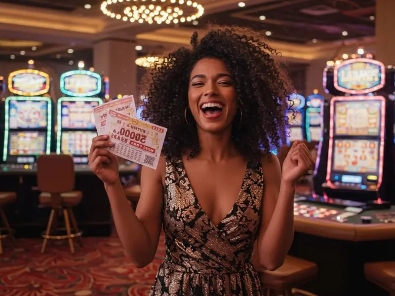 Happy woman celebrating a big lottery win on Slot 777 Online