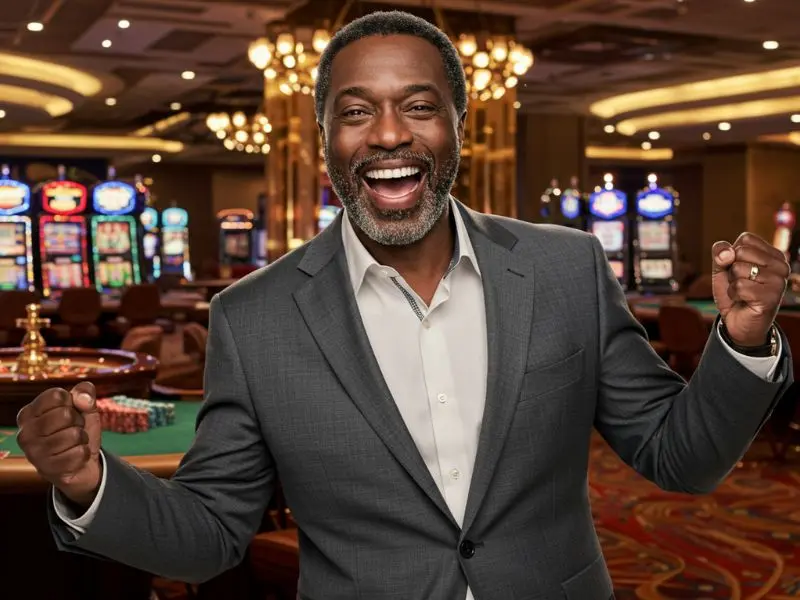 Man celebrating a poker win at Slot 777 Online