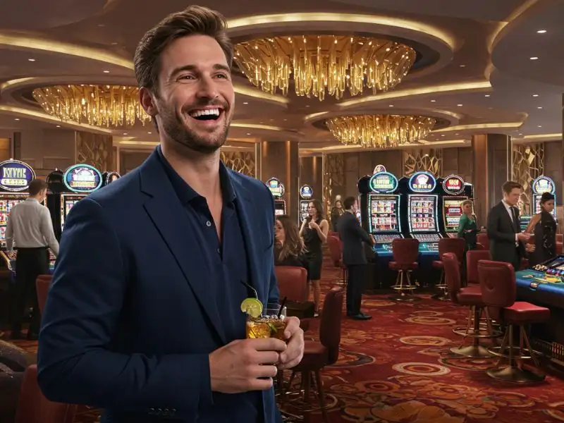 Spin PH Login: Happy man drinking to celebrate a big slot machine win