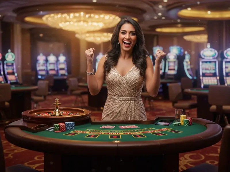 Smiling woman celebrating a roulette win after successful tmtplay registration