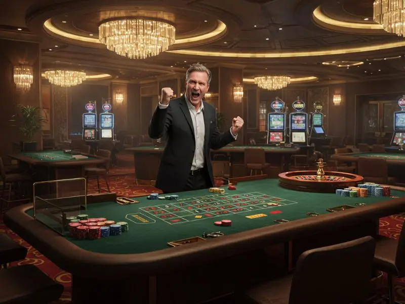 Man celebrating a poker and roulette win after signing up through tmtplay registration