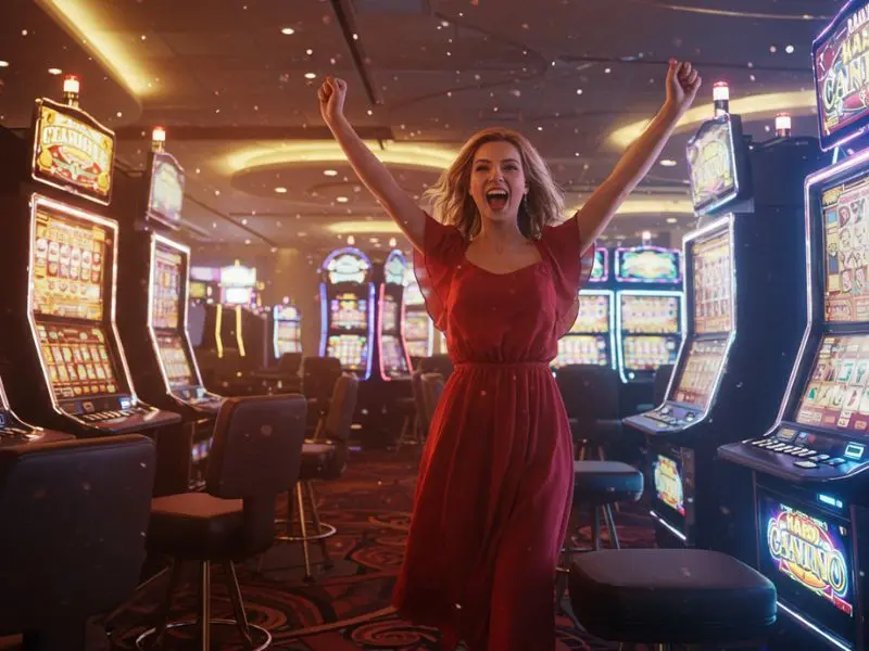Excited woman winning in a slot game following tmtplay registration