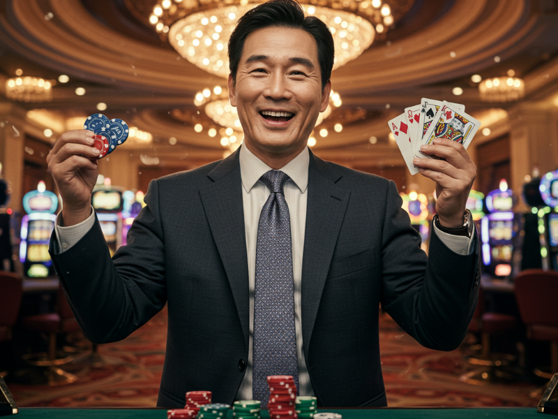 Happy man holding poker chips and cards at TMTcash Meter