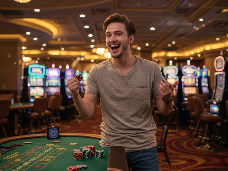 Happy man holding chips after winning poker at TMTcash Meter