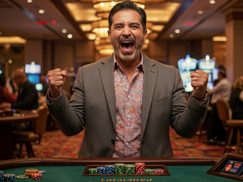 Happy man celebrating poker win at TMTcash Meter