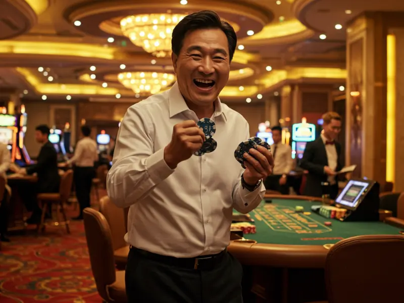 Happy man holding poker chips after winning at TMTcash.net