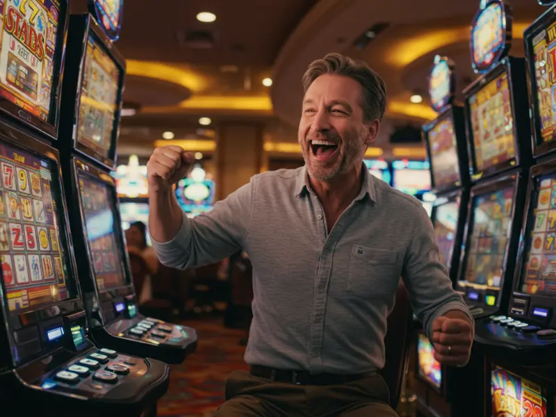 Happy man celebrating slot win at TMTcash.net Casino