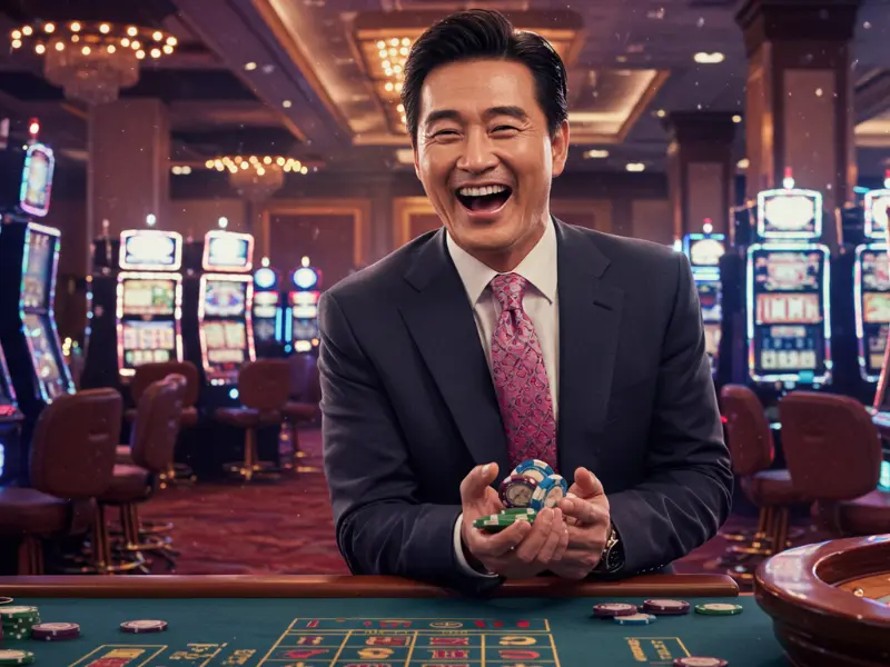 Happy man holding poker chips while playing at TMTcash with a promo code