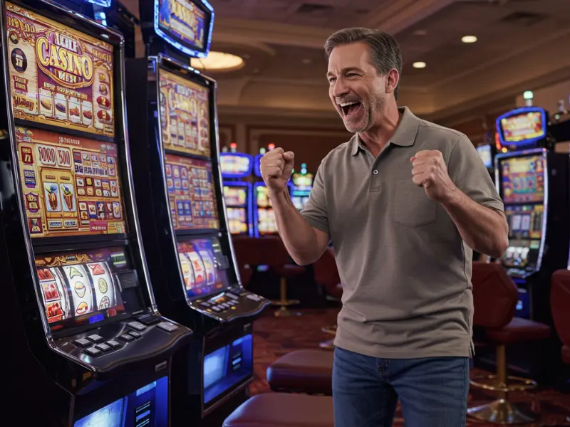Happy man playing slots with TMTcash promo code