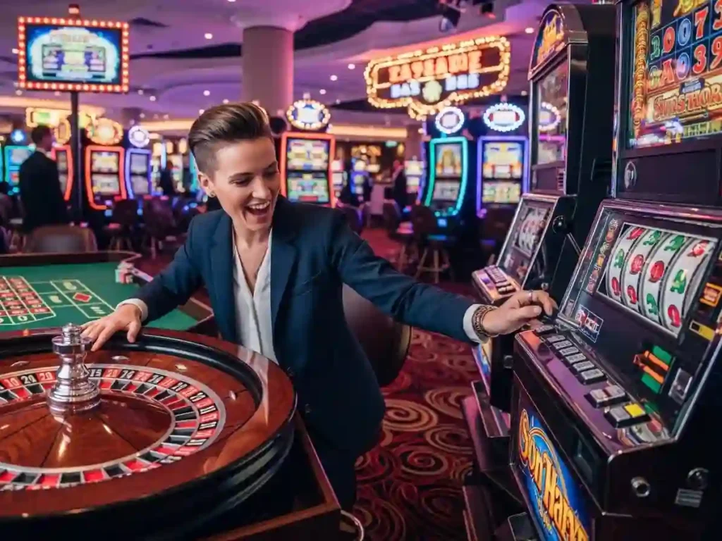 Happy person enjoying casino roulette and slot games online via merryph links