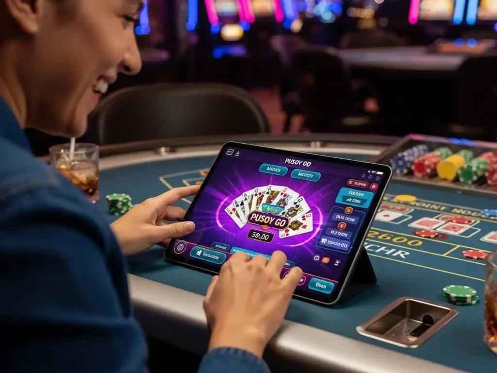 Happy casino gamer enjoying digital Pusoy Go cards using digital cash