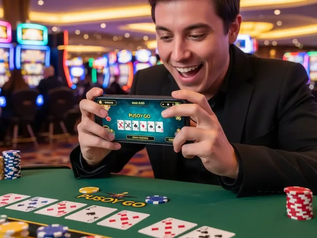 Smiling person playing online casino Pusoy Go card game via digital cash