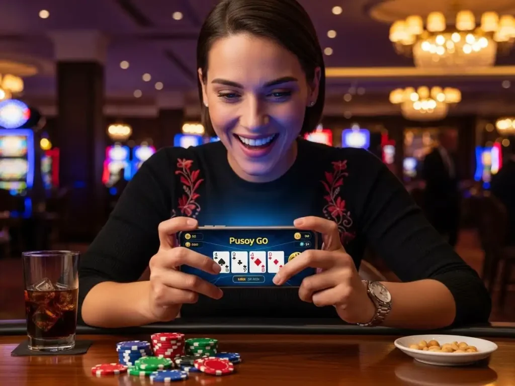 Happy person smiling while playing casino Pusoy Go online using digital cash