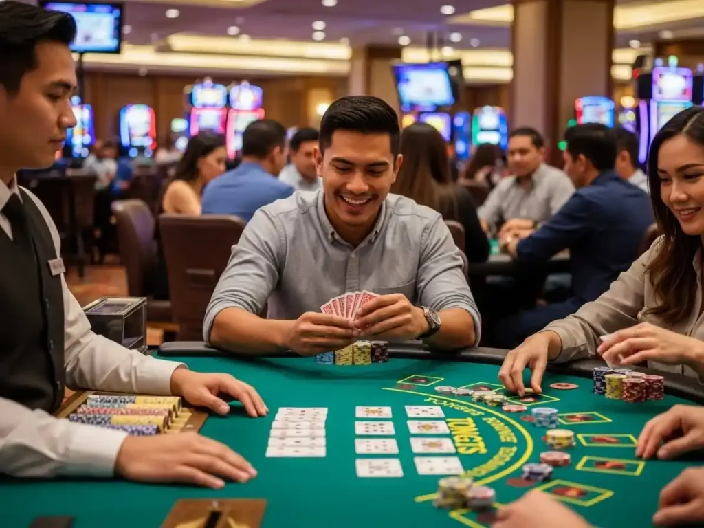 Smiling person playing online casino Tong Its while holding a money pouch