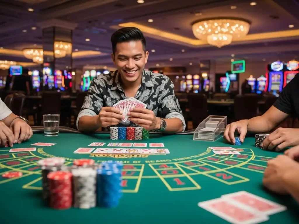 Cheerful casino Tong Its player enjoying the game with a money pouch