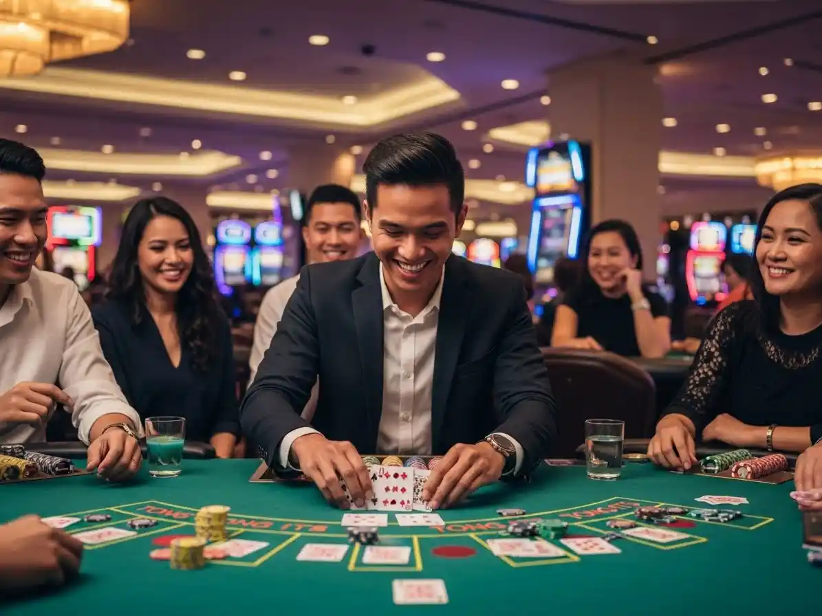 Happy person smiling while playing casino Tong Its with a money pouch nearby