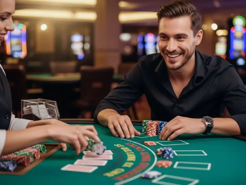 Smiling person playing online casino blackjack 21 using Game PH